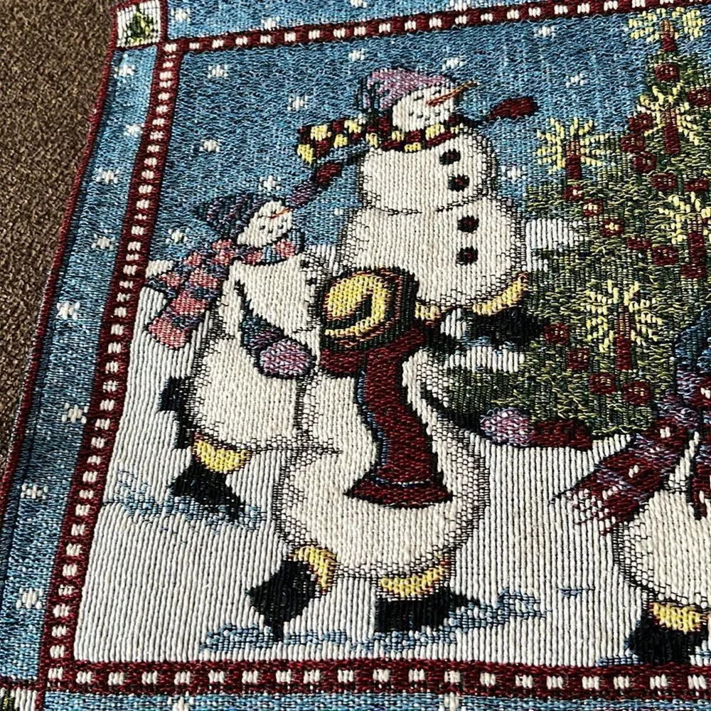 Set (4) Tapestry Design Rectangle Placemats Snowmen Dancing with Christmas Tree